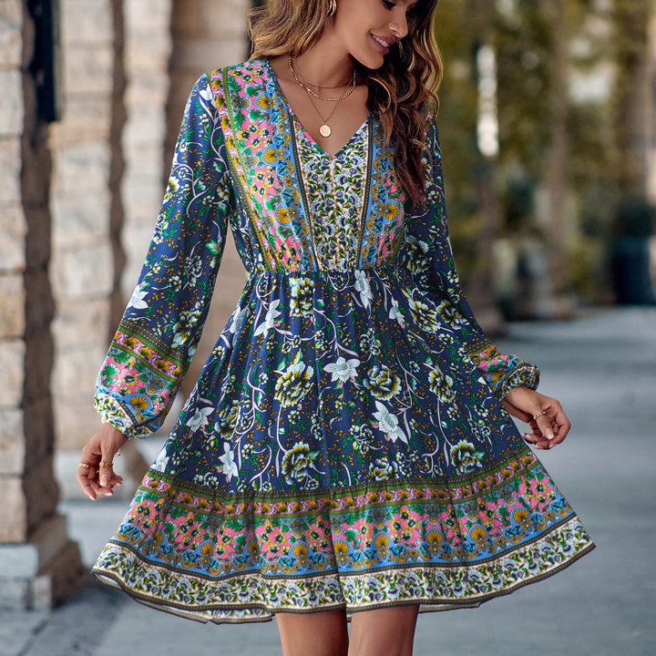 Printed V-neck Waist-controlled Long Sleeves Dress Women