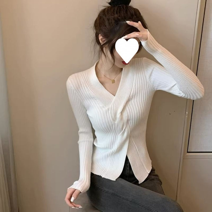 Japanese  V-neck Sweater Waist Trimming Short Top