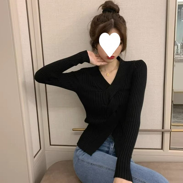 Japanese  V-neck Sweater Waist Trimming Short Top