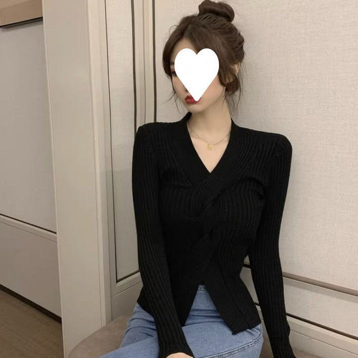 Japanese  V-neck Sweater Waist Trimming Short Top