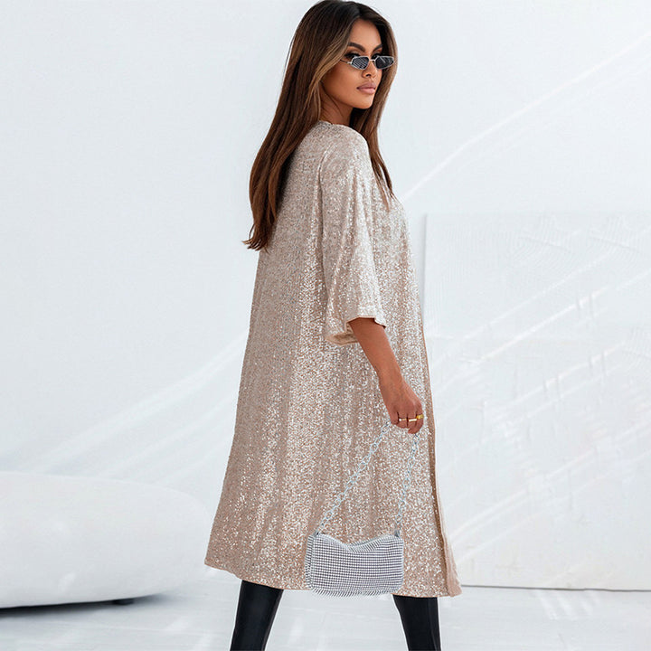 Women's Sequined Cardigan 34 Sleeve Casual Thin Coat Top