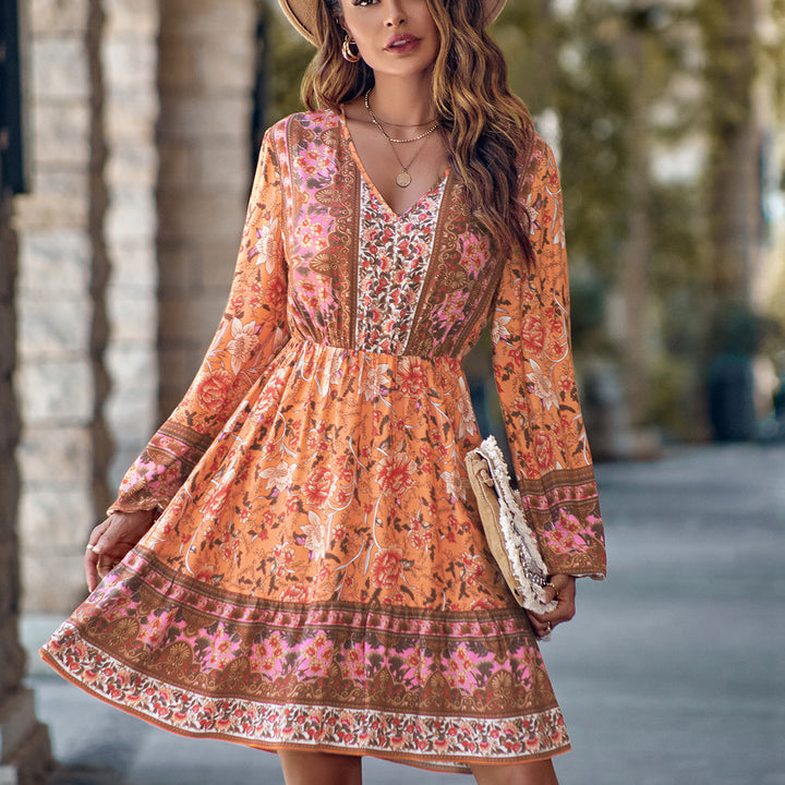 Printed V-neck Waist-controlled Long Sleeves Dress Women