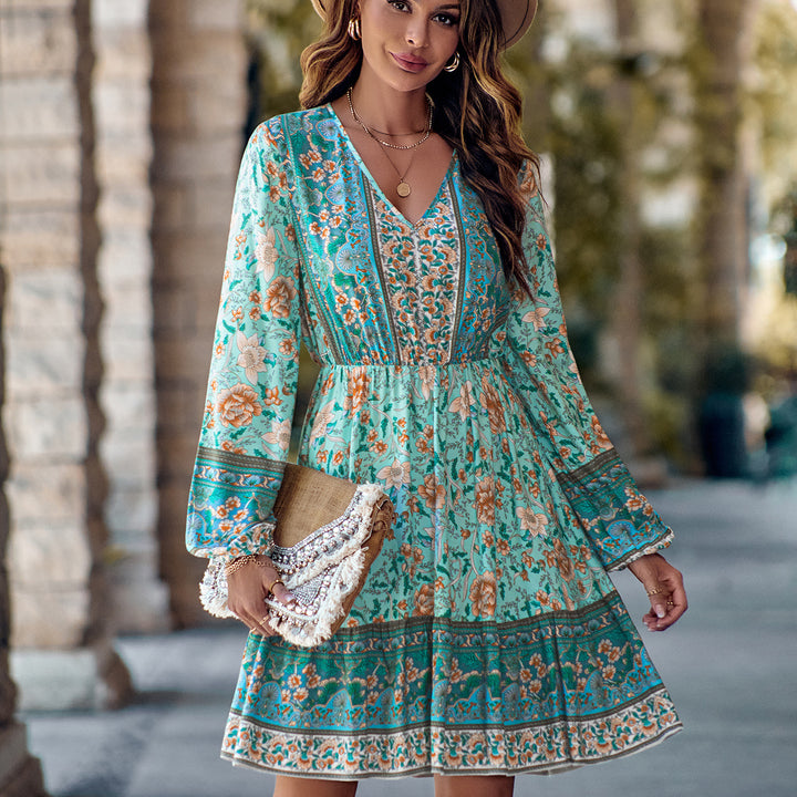 Printed V-neck Waist-controlled Long Sleeves Dress Women