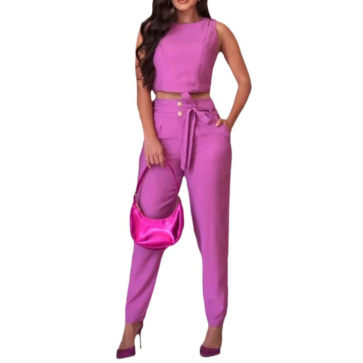 Sleeveless Pure Color Blouse And Pants